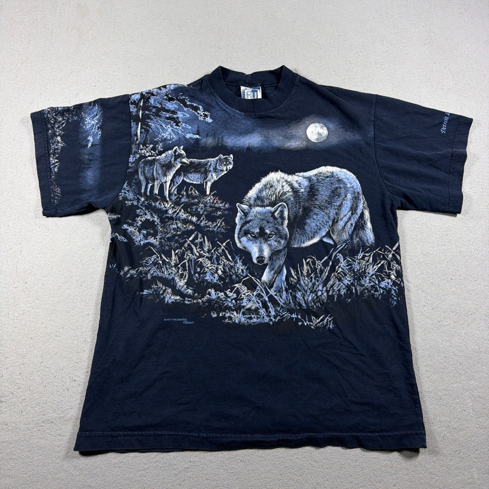Art Unlimited Wolf Graphic T Shirt Men Large Regular Fit Navy Blue Vintage 90s